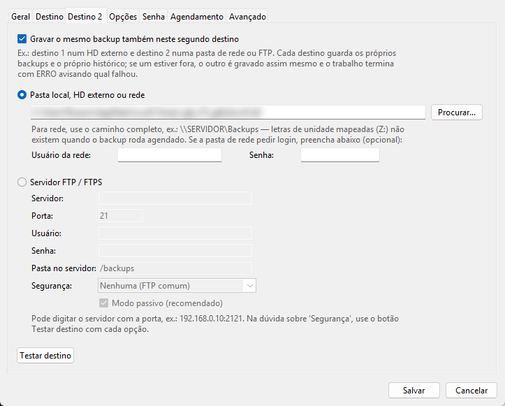 Aba Destino 2 do Criative Gestor Backup, com a opção de gravar o mesmo backup num segundo destino